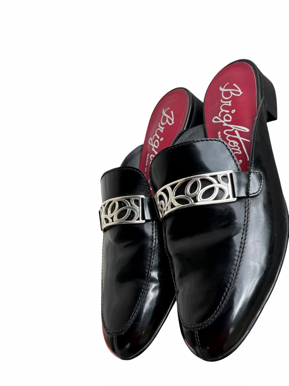 Brighton Black Leather Slip-On Loafers with Silver Decorative Buckle size 10